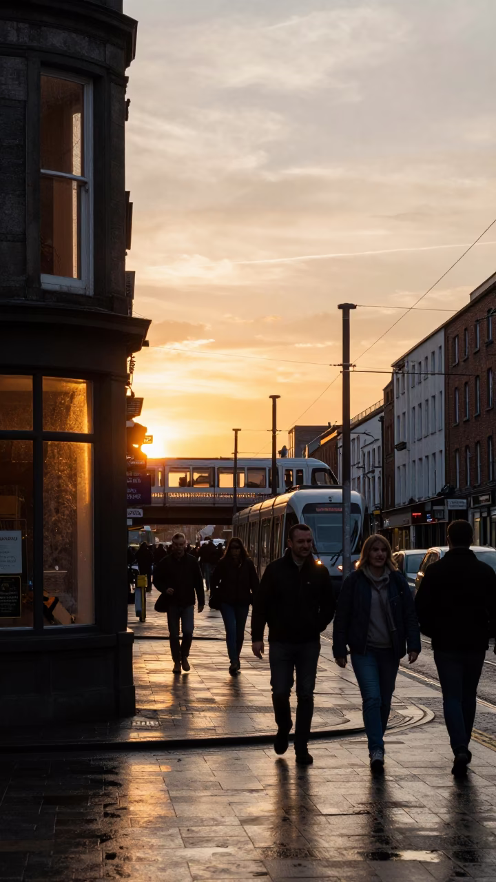 Sunset Street Scene in Dublin Ireland with Window Light and Monorail in in Dublin, Ireland