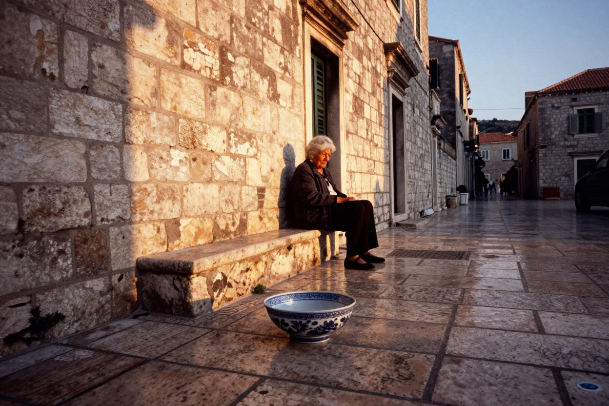 Sunset Street Scene in Dubrovnik Croatia with Blue White Porcelain Bowl and Stone Walls in in Dubrovnik, Croatia