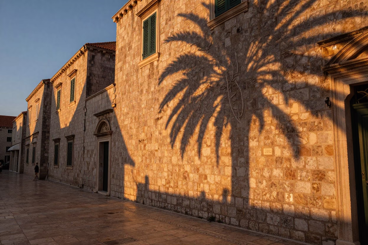 Sunset Street Scene in Dubrovnik Croatia with Leaf Shadows and Linen Fringe Detail in in Dubrovnik, Croatia