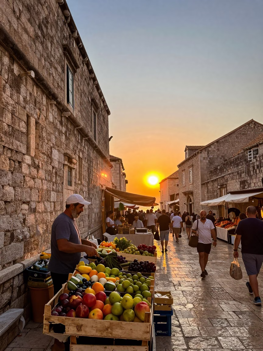 Sunset Street Scene in Dubrovnik Croatia with Local Market Goods and Historic Stone Walls in in Dubrovnik, Croatia