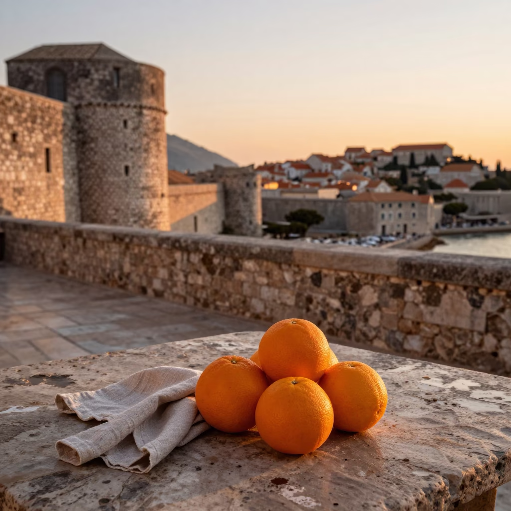 Sunset street scene in Dubrovnik Croatia with oranges and linen napkin on stone table in in Dubrovnik, Croatia