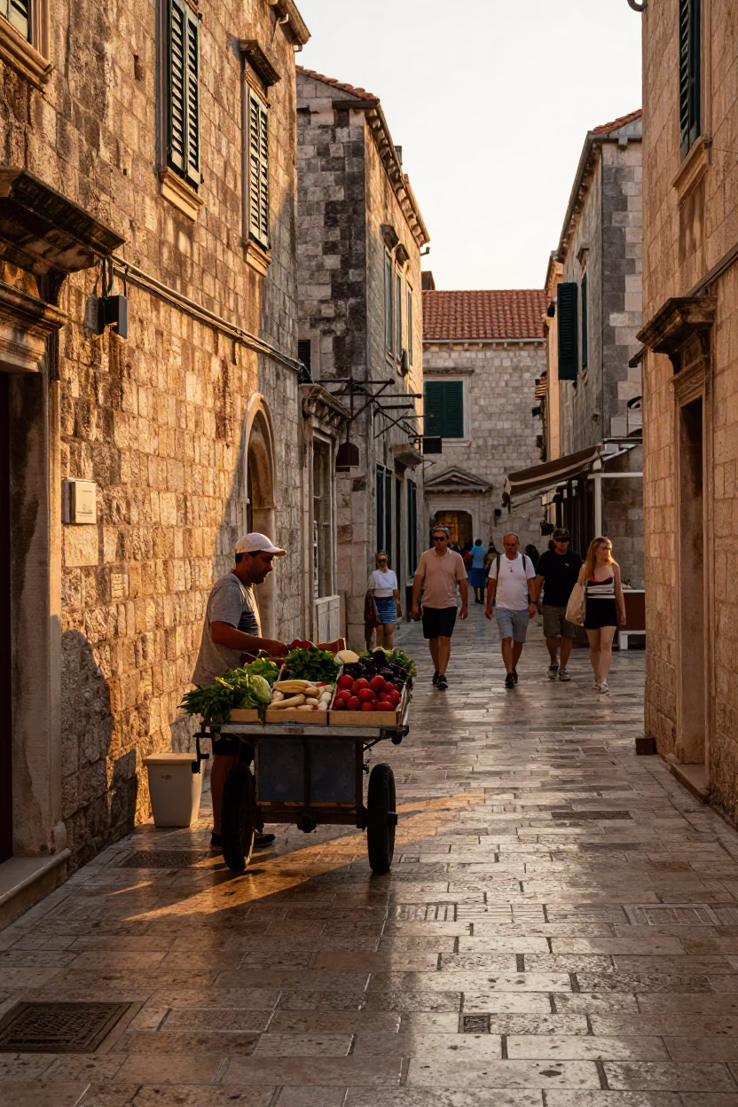 Sunset Street Scene in Dubrovnik Croatia with Rolling Carts and Tourists in in Dubrovnik, Croatia