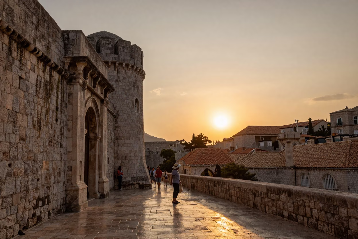 Sunset street scene in Dubrovnik Croatia with tourist and historic stone walls in in Dubrovnik, Croatia