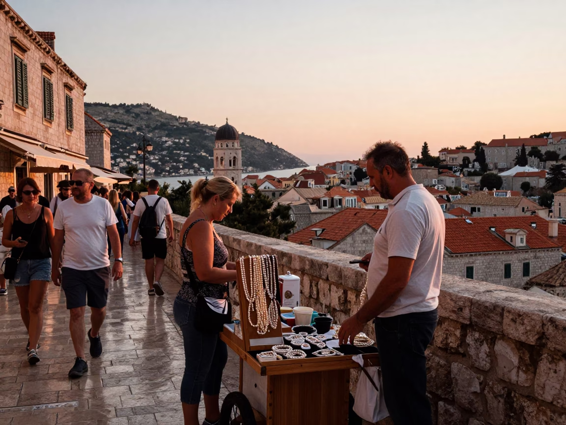 Sunset Street Scene in Dubrovnik Croatia with Tourist and Local Vendor in in Dubrovnik, Croatia