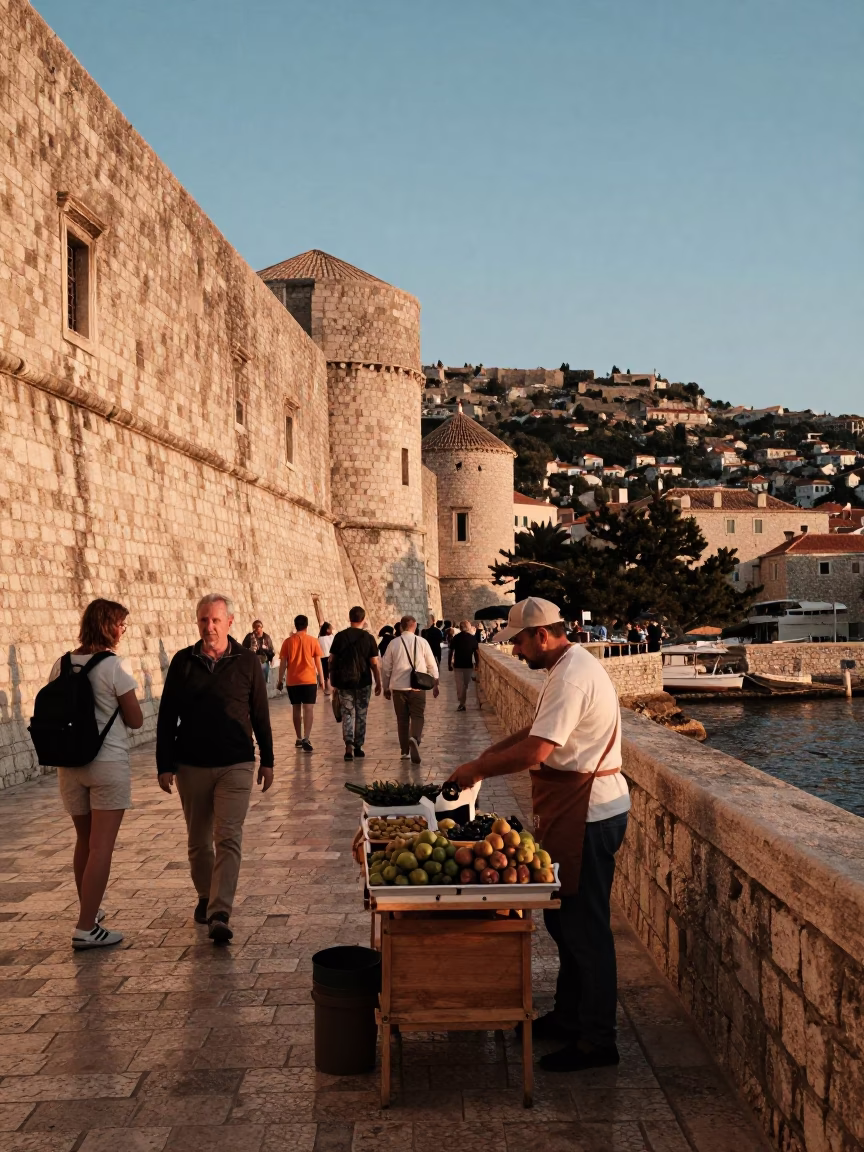Sunset Street Scene in Dubrovnik Croatia with Tourists and Local Life in in Dubrovnik, Croatia
