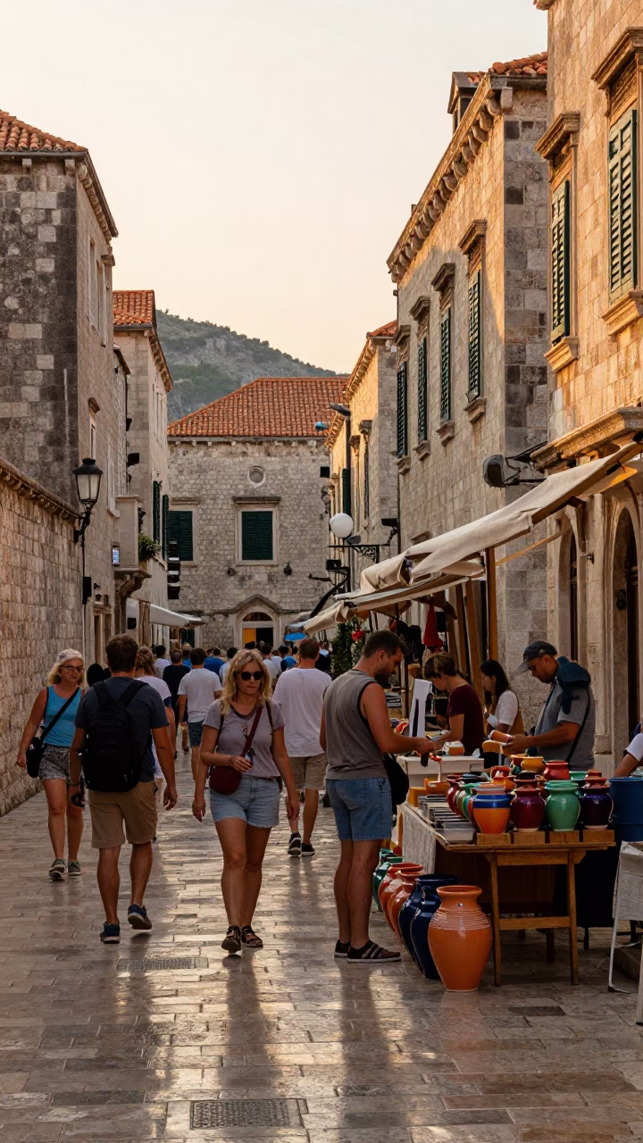 Sunset Street Scene in Dubrovnik Croatia with Tourists and Local Vendors in in Dubrovnik, Croatia