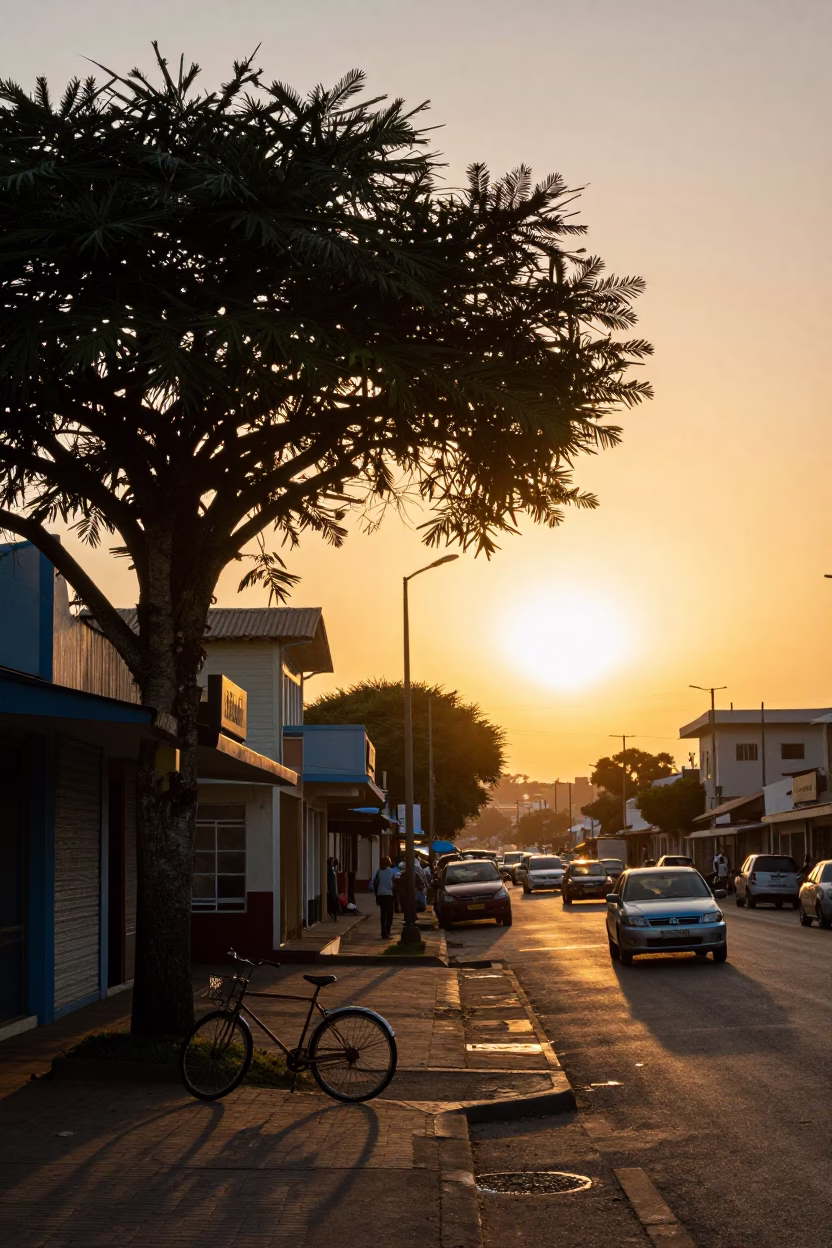 Sunset Street Scene in Durban South Africa with Banyan Tree and Bicycle in in Durban, South Africa