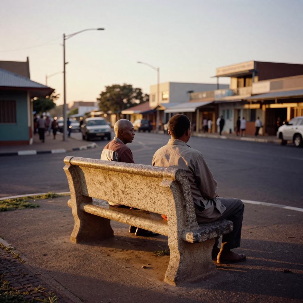 Sunset Street Scene in Durban South Africa with Stone Bench and Local Market Activity in in Durban, South Africa