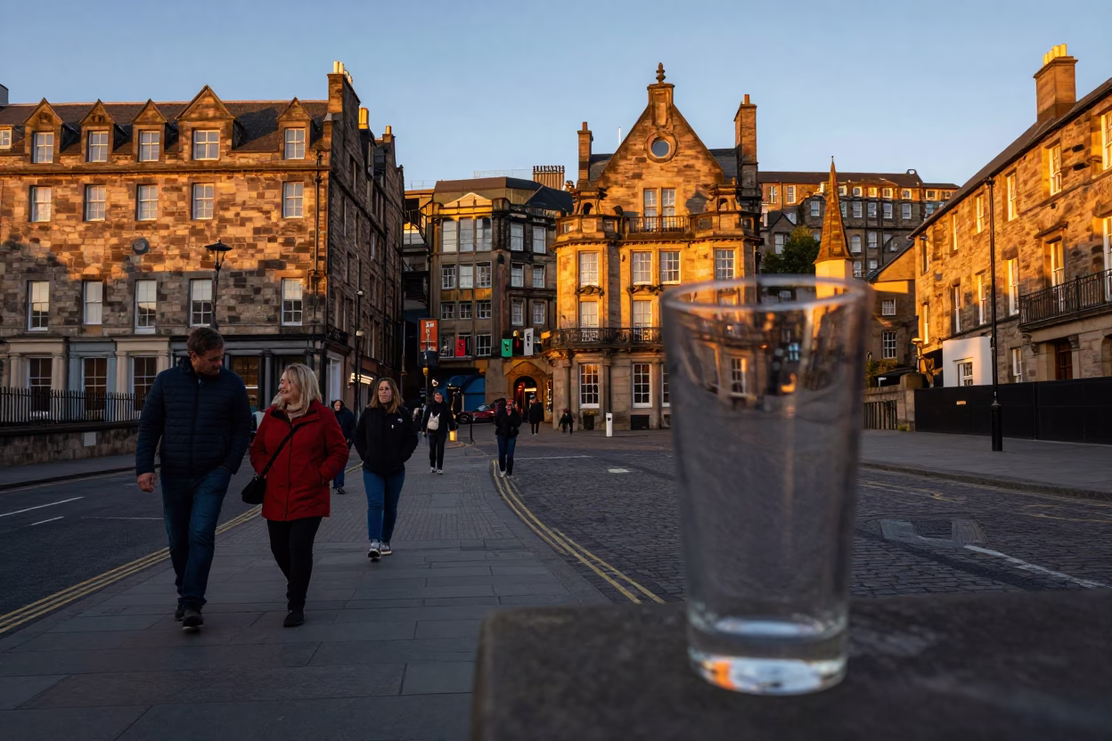 Sunset Street Scene in Edinburgh Scotland with Glass Tumbler on Cafe Table in in Edinburgh, United Kingdom