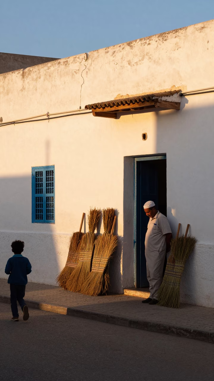 Sunset street scene in Essaouira Morocco with brooms and traditional architecture in in Essaouira, Morocco