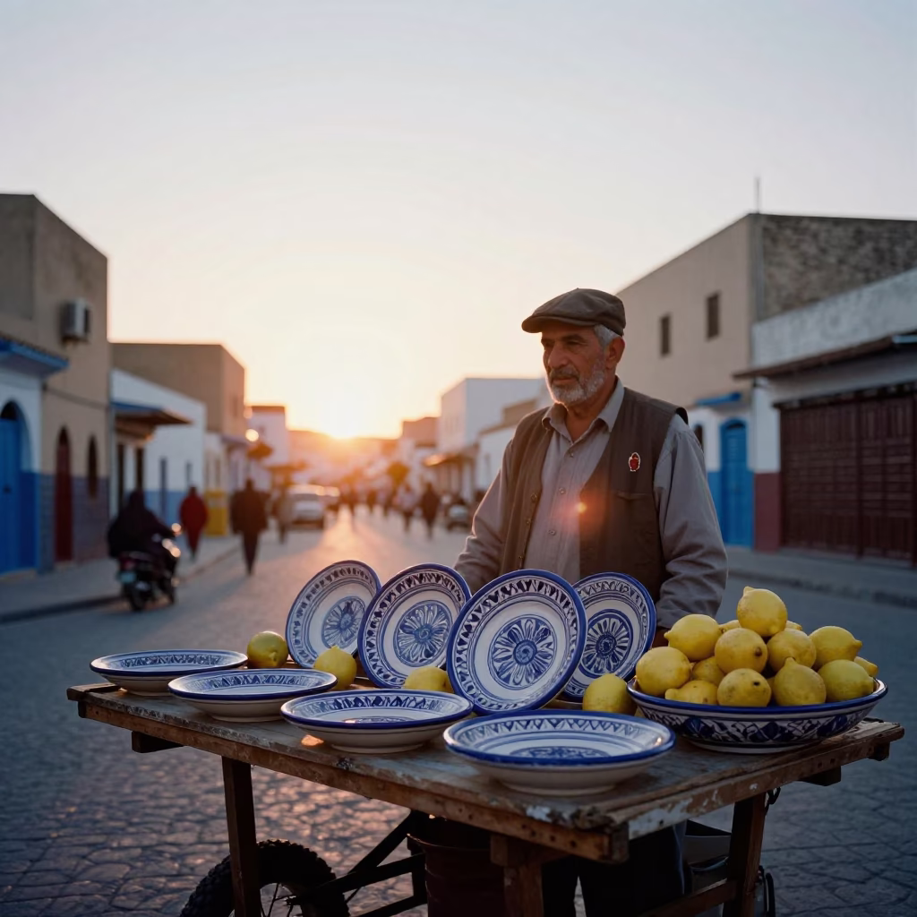 Sunset Street Scene in Essaouira Morocco with Lemon Vendor and Majolica Plates in in Essaouira, Morocco