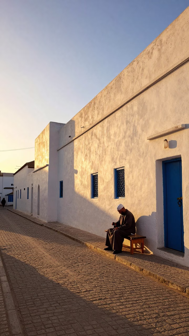 Sunset Street Scene in Essaouira Morocco with Local Craftsman and Traditional Architecture in in Essaouira, Morocco