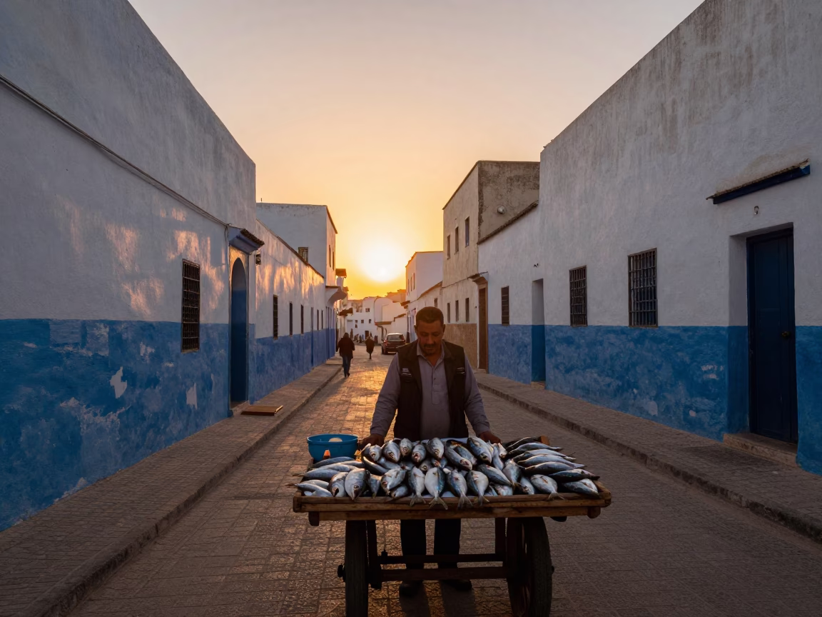 Sunset Street Scene in Essaouira Morocco with Local Vendor and Traditional Blue Doors in in Essaouira, Morocco
