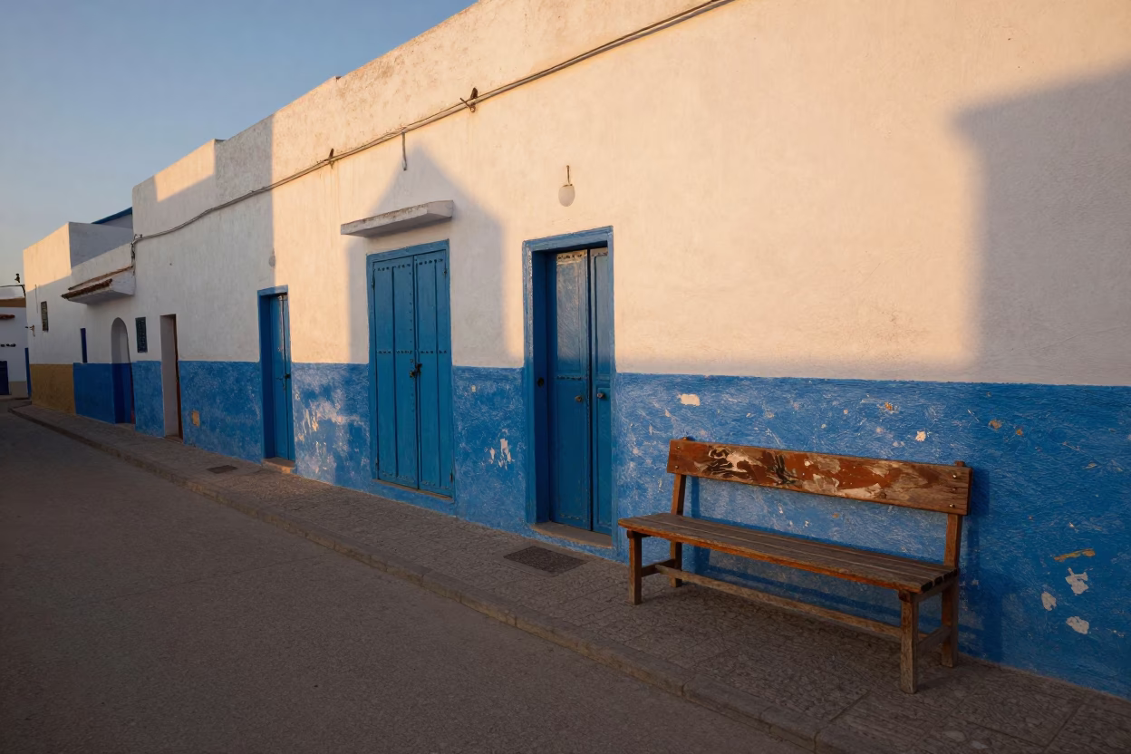 Sunset Street Scene in Essaouira Morocco with Paint Flecks and Local Life in in Essaouira, Morocco