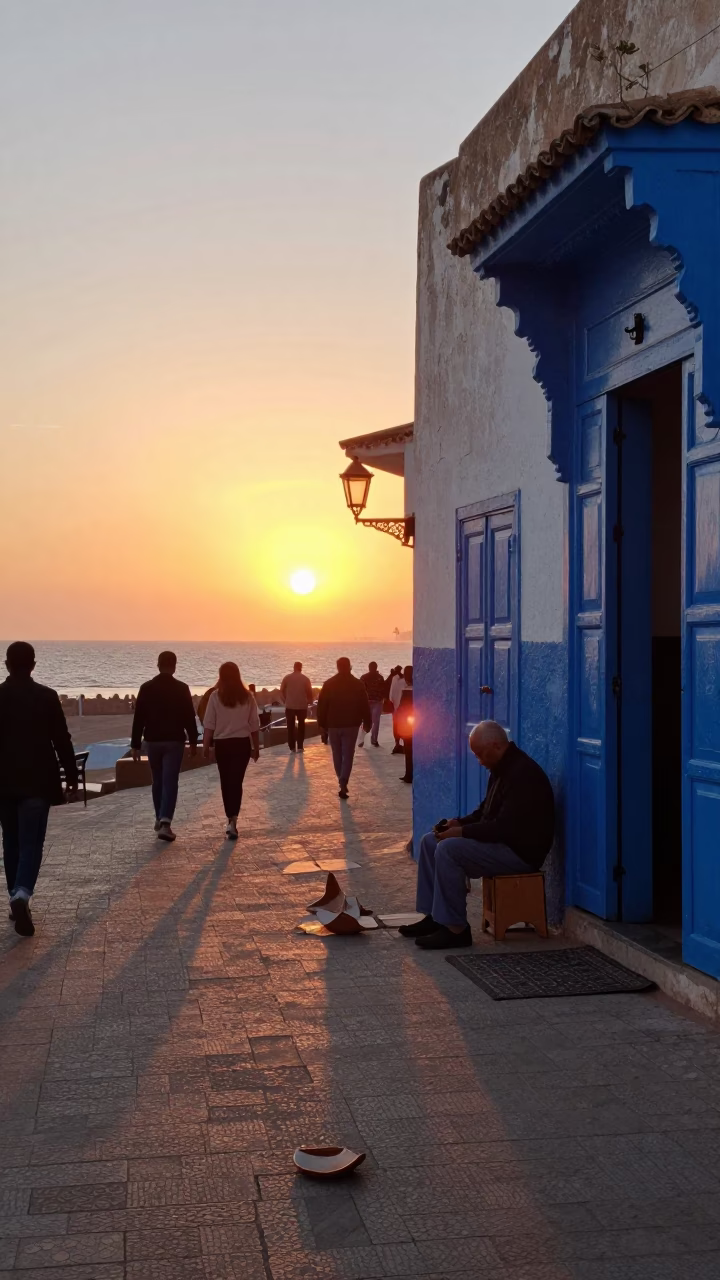 Sunset Street Scene in Essaouira Morocco with Pottery Shard and Coastal Light in in Essaouira, Morocco