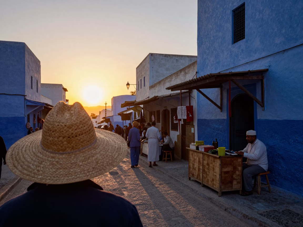 Sunset Street Scene in Essaouira Morocco with Straw Hat and Local Life in in Essaouira, Morocco