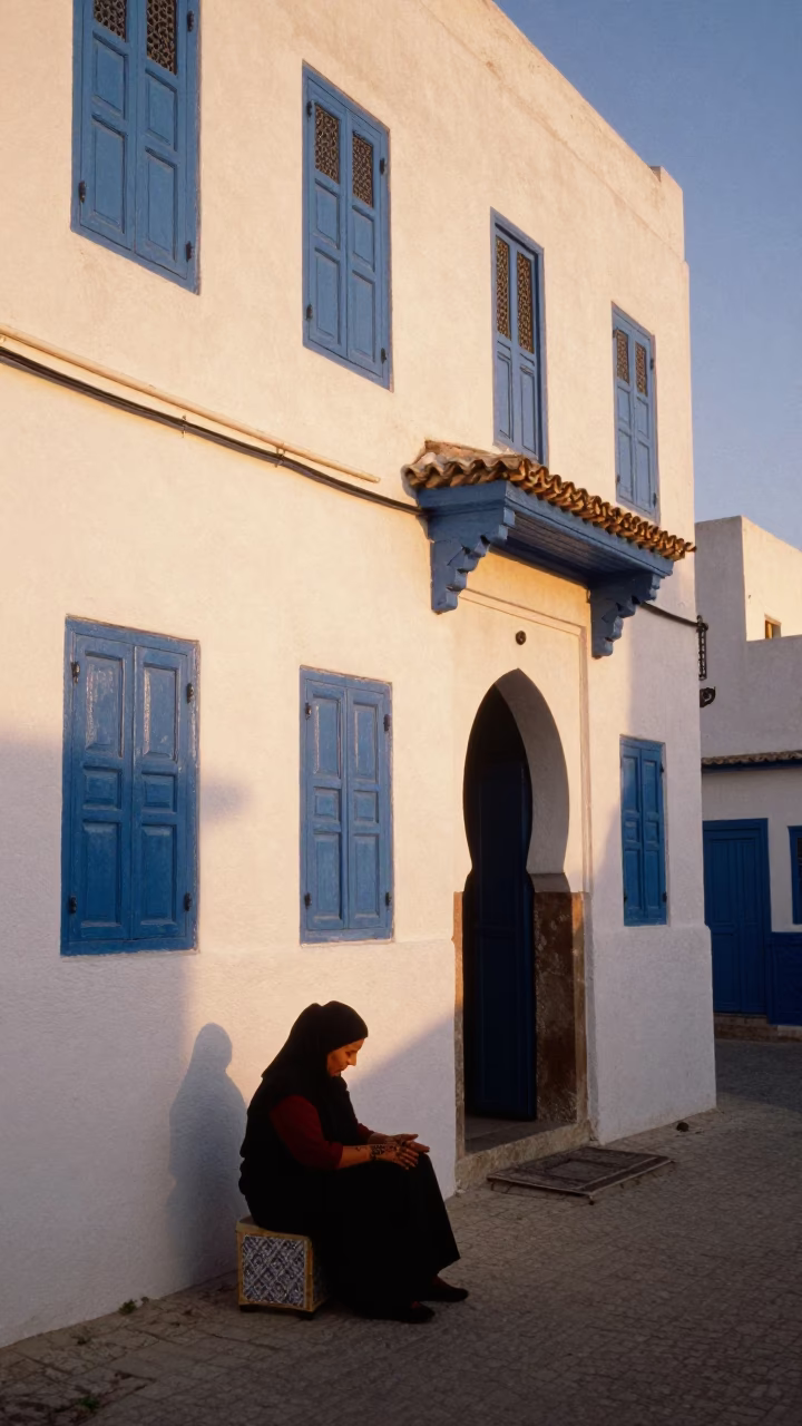 Sunset Street Scene in Essaouira Morocco with Traditional Architecture and Daily Life in in Essaouira, Morocco