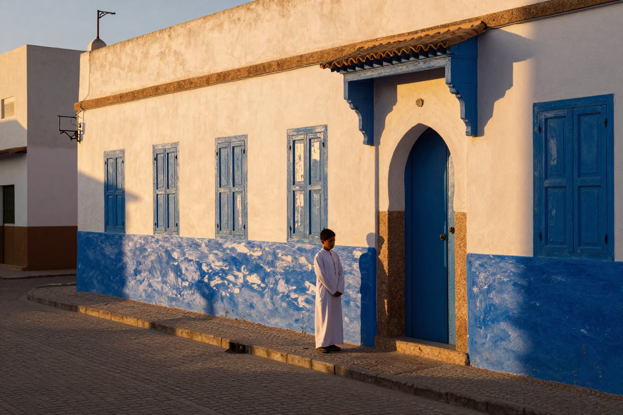 Sunset Street Scene in Essaouira Morocco with Traditional Architecture and Local Life in in Essaouira, Morocco