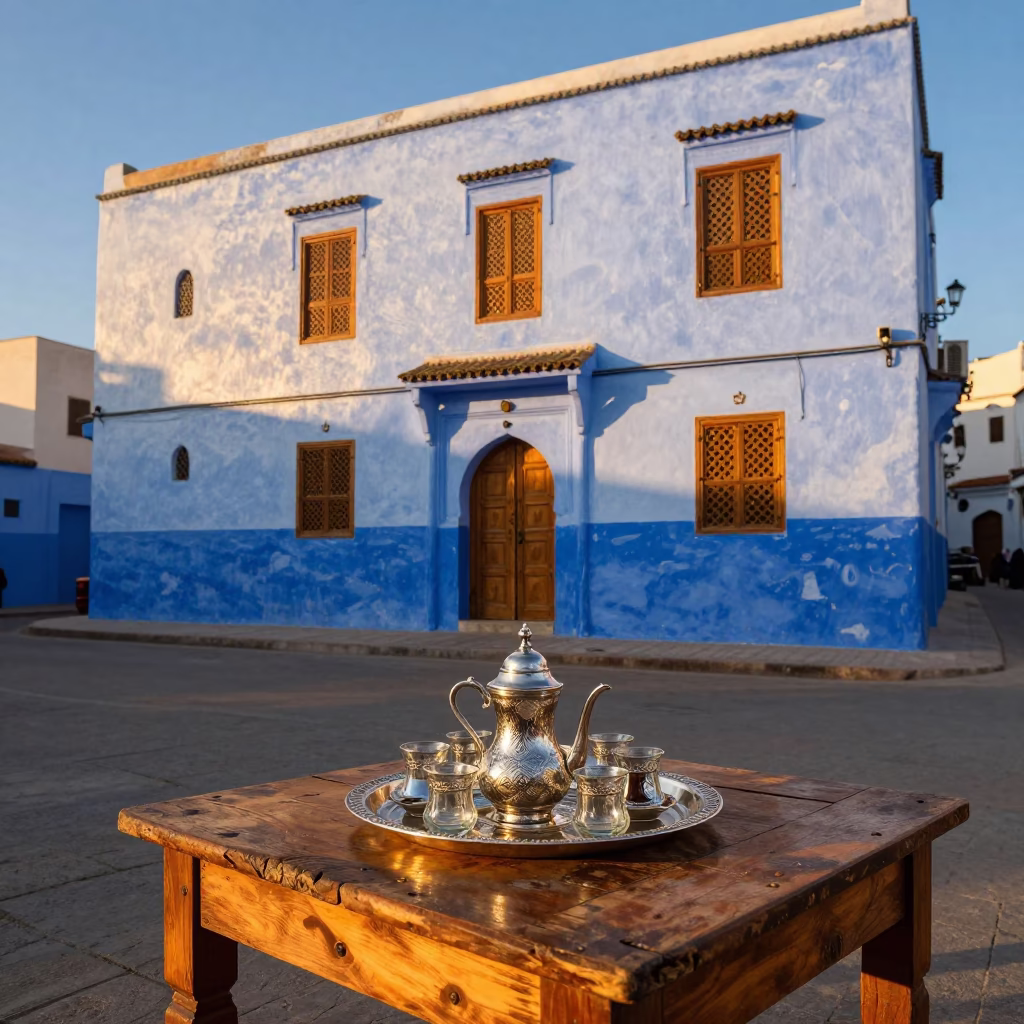 Sunset Street Scene in Essaouira Morocco with Traditional Tea Service and Local Architecture in in Essaouira, Morocco