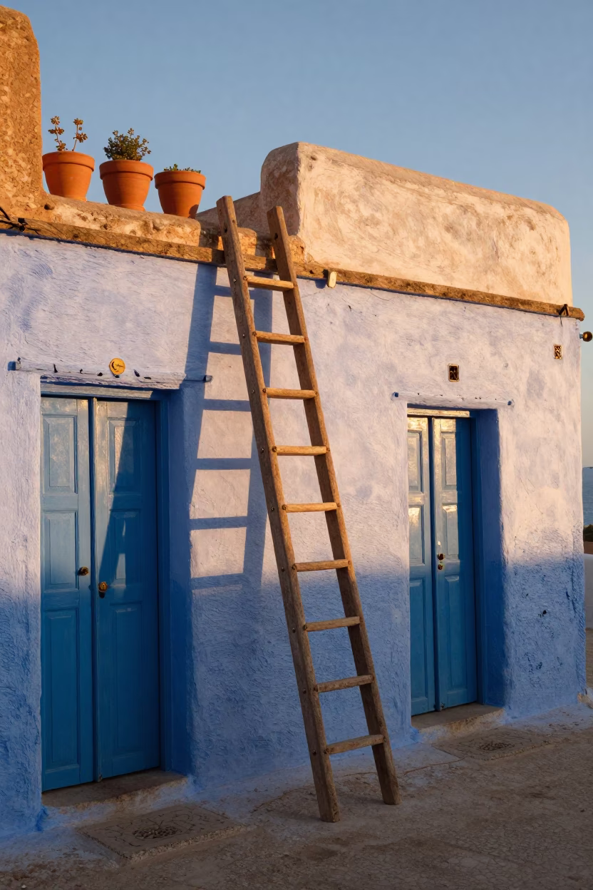 Sunset Street Scene in Essaouira Morocco with Wooden Ladder and Coastal Architecture in in Essaouira, Morocco
