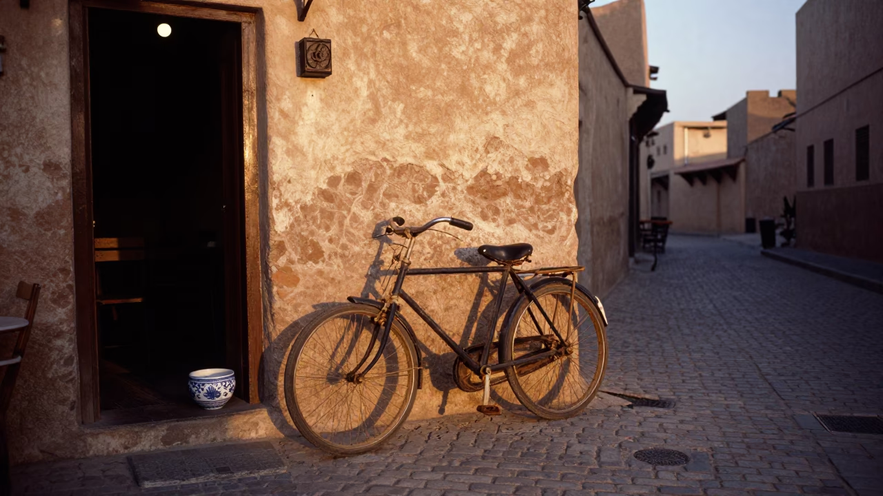 Sunset Street Scene in Fez Morocco with Bicycle and Ceramic Bowl in in Fez, Morocco