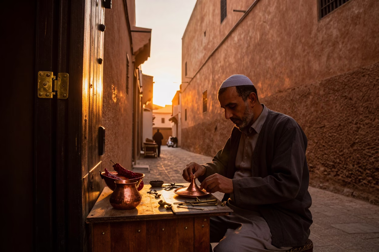 Sunset street scene in Fez Morocco with brass hinge and pepper mill in in Fez, Morocco