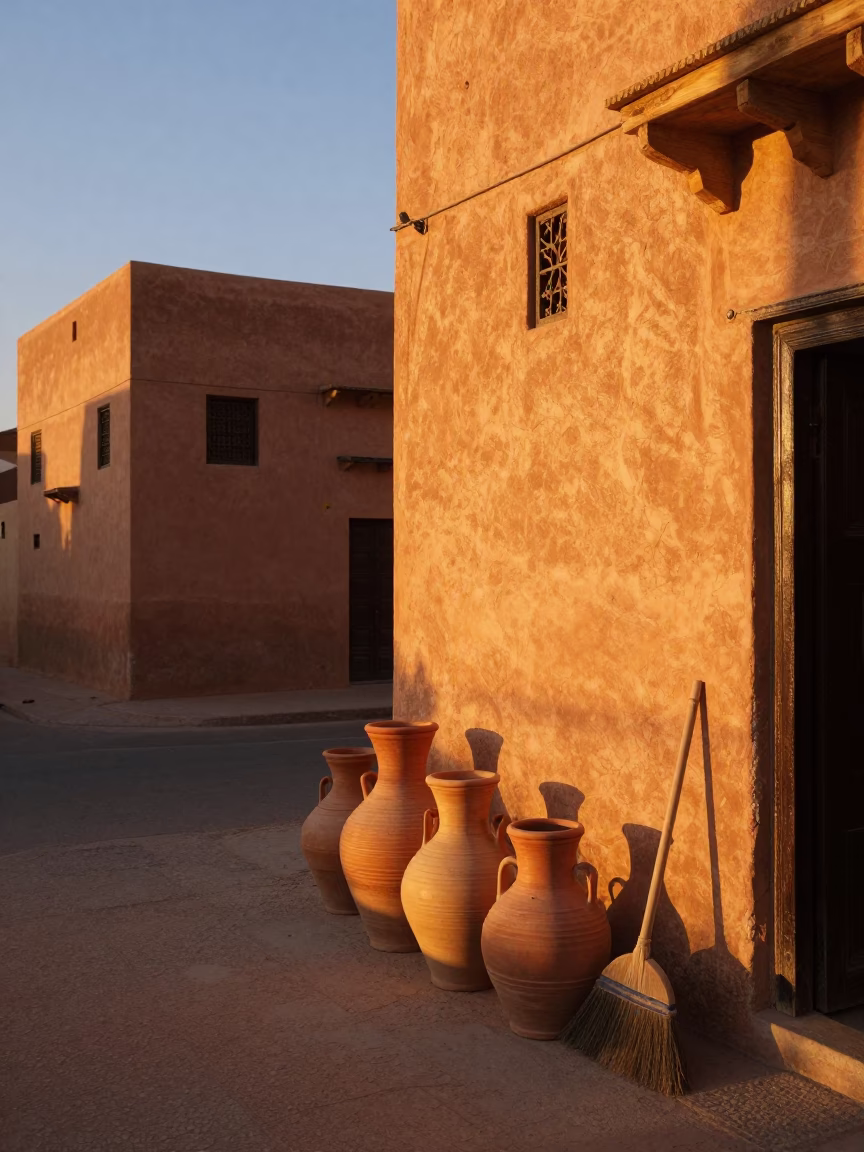 Sunset Street Scene in Fez Morocco with Ceramic Pots and Brooms in in Fez, Morocco