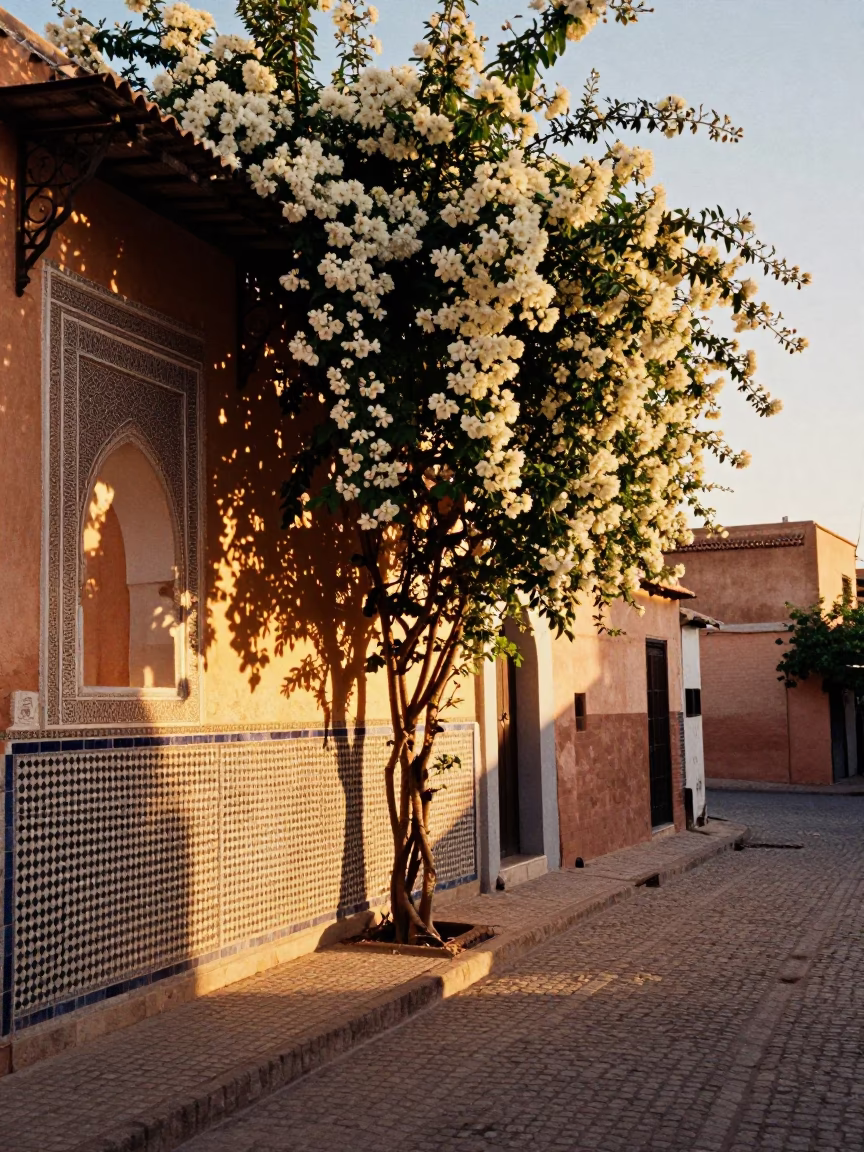 Sunset Street Scene in Fez Morocco with Climbing Jasmine and Local Life in in Fez, Morocco