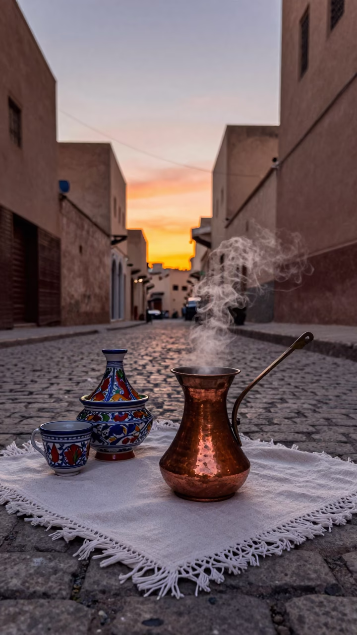 Sunset street scene in Fez Morocco with copper cezve and linen fringe details in in Fez, Morocco