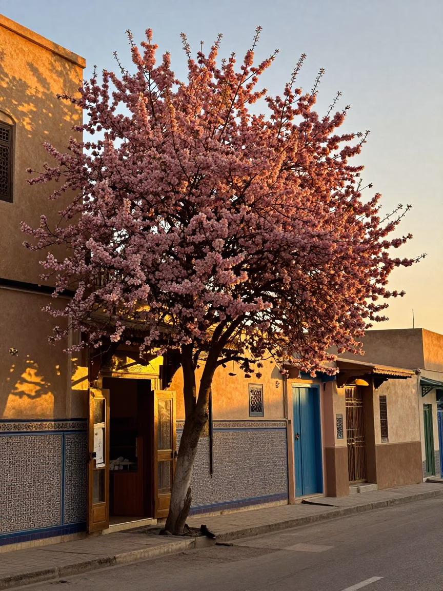 Sunset Street Scene in Fez Morocco with Dogwood Tree and Shoe Brush in in Fez, Morocco