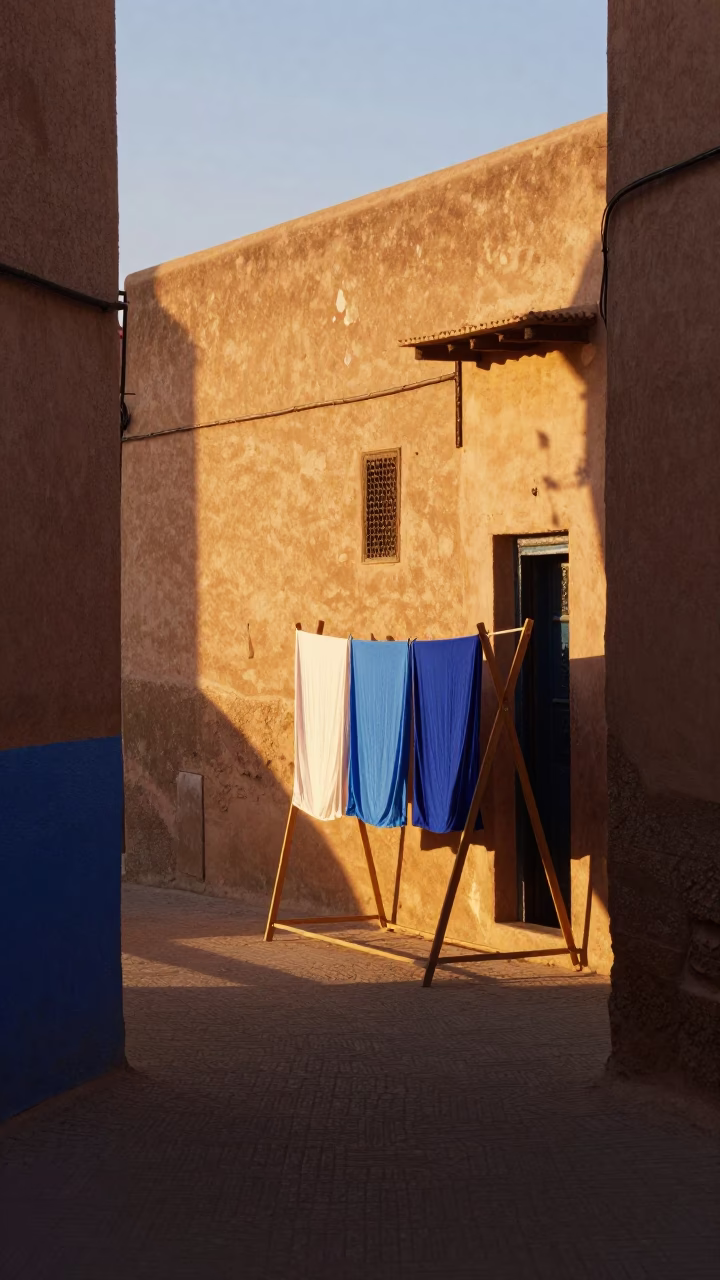 Sunset Street Scene in Fez Morocco with Drying Rack and Blue Porcelain in in Fez, Morocco