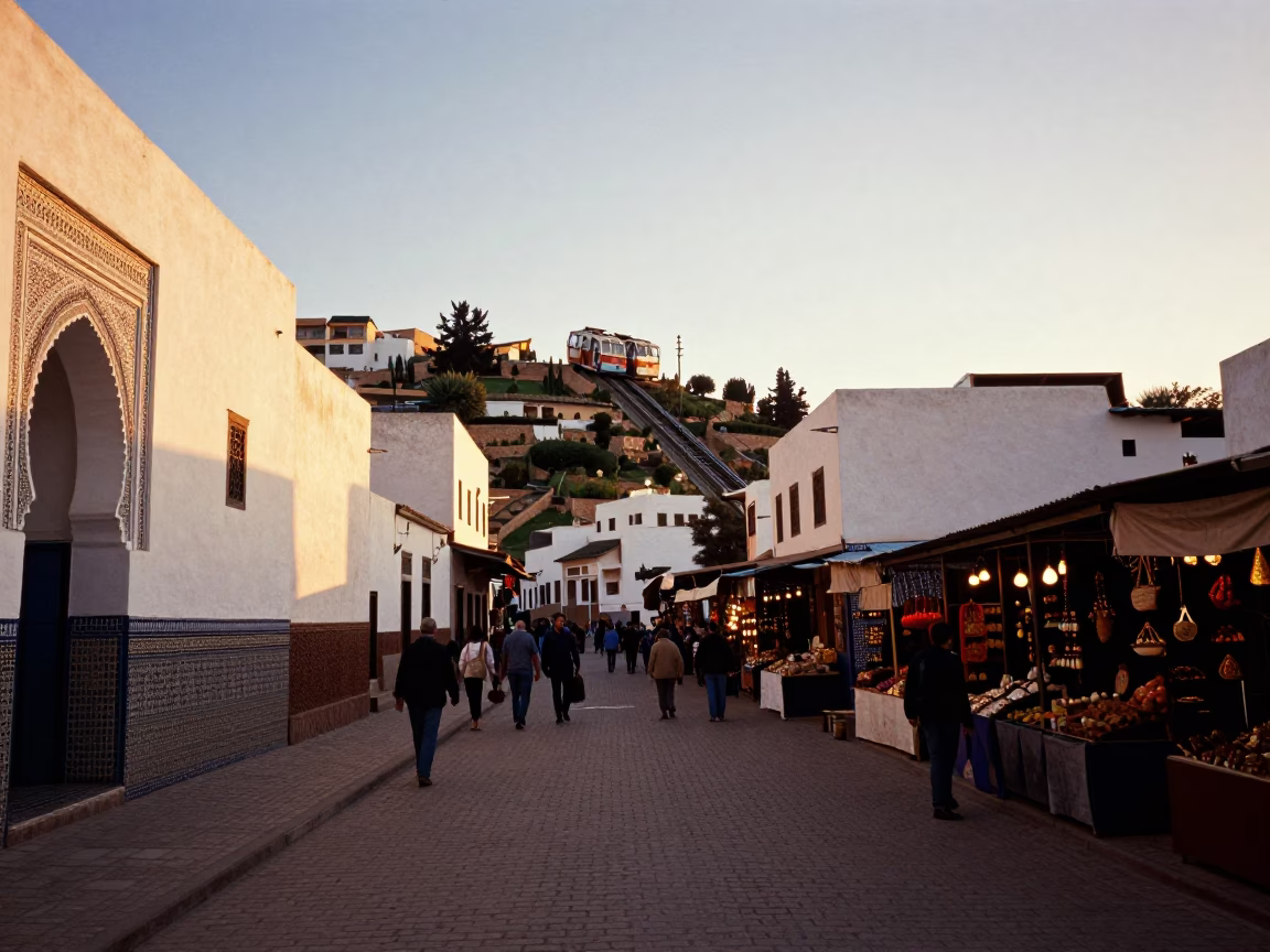 Sunset Street Scene in Fez Morocco with Funicular and Local Market Activity in in Fez, Morocco