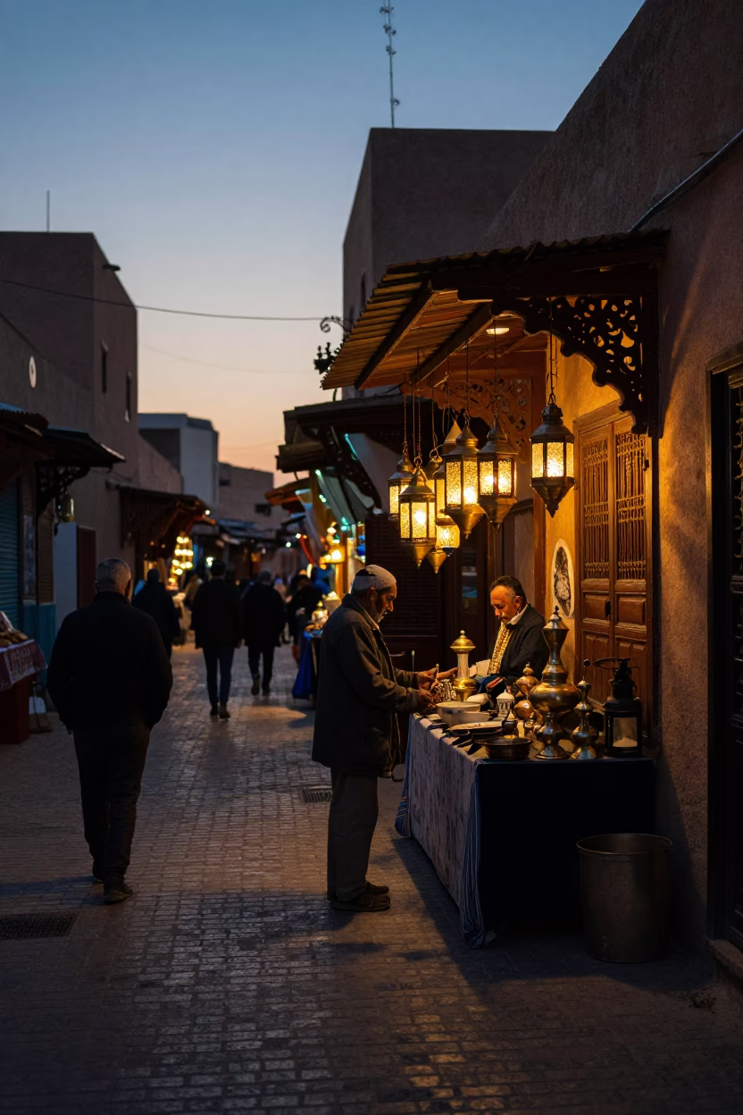 Sunset Street Scene in Fez Morocco with Lantern and Local Interaction in in Fez, Morocco
