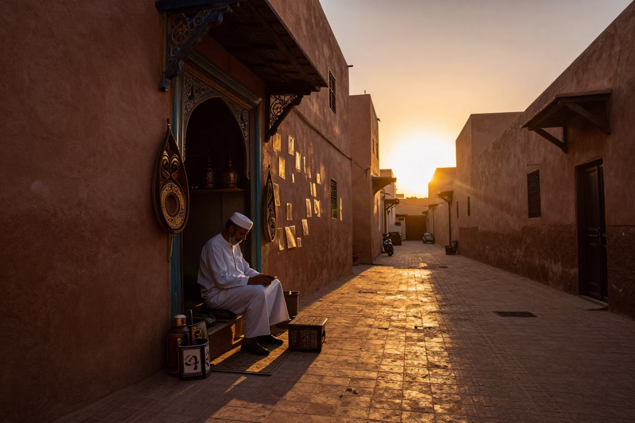 Sunset Street Scene in Fez Morocco with Local Artisan and Traditional Pottery in in Fez, Morocco