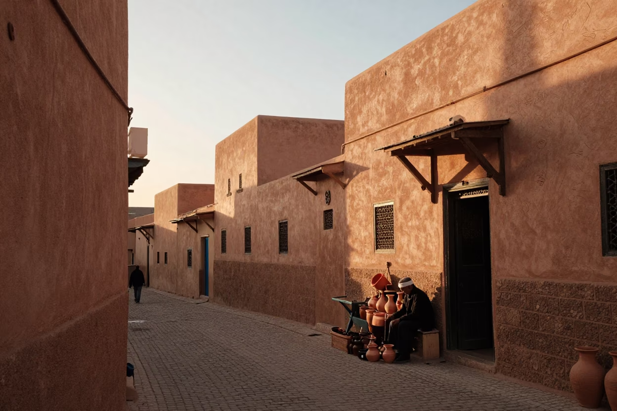 Sunset Street Scene in Fez Morocco with Local Commerce and Traditional Architecture in in Fez, Morocco