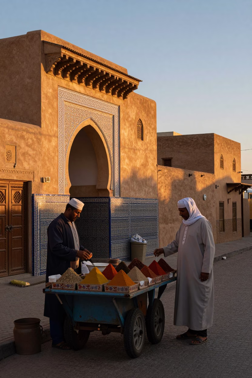 Sunset Street Scene in Fez Morocco with Local Vendor and Traditional Architecture in in Fez, Morocco