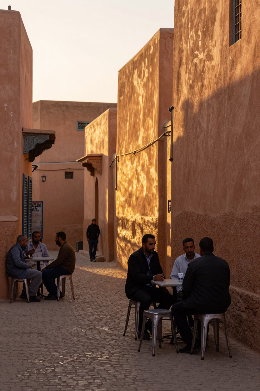 Sunset Street Scene in Fez Morocco with Metal Stools and Calligraphy Brushes in in Fez, Morocco