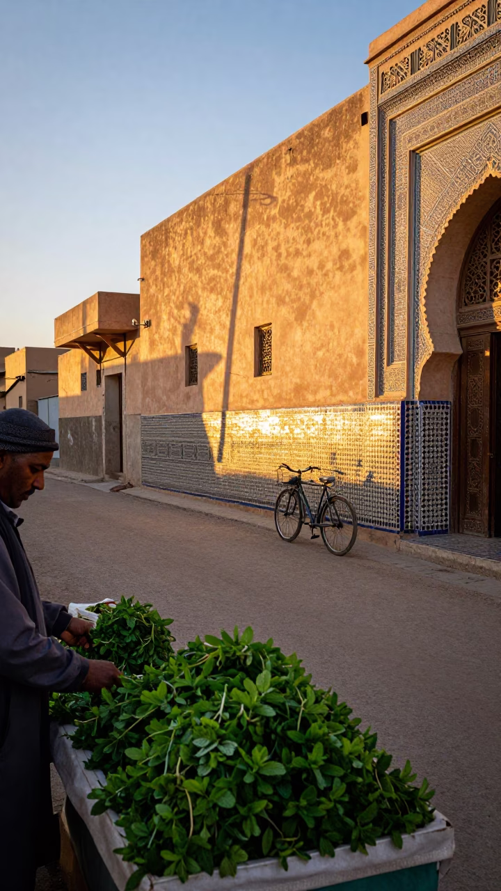 Sunset street scene in Fez Morocco with mint leaves and bicycle in in Fez, Morocco