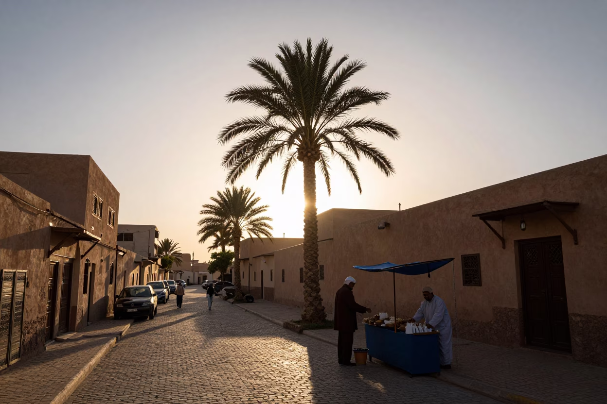 Sunset Street Scene in Fez Morocco with Palm Silhouette and Traditional Kebab Vendor in in Fez, Morocco