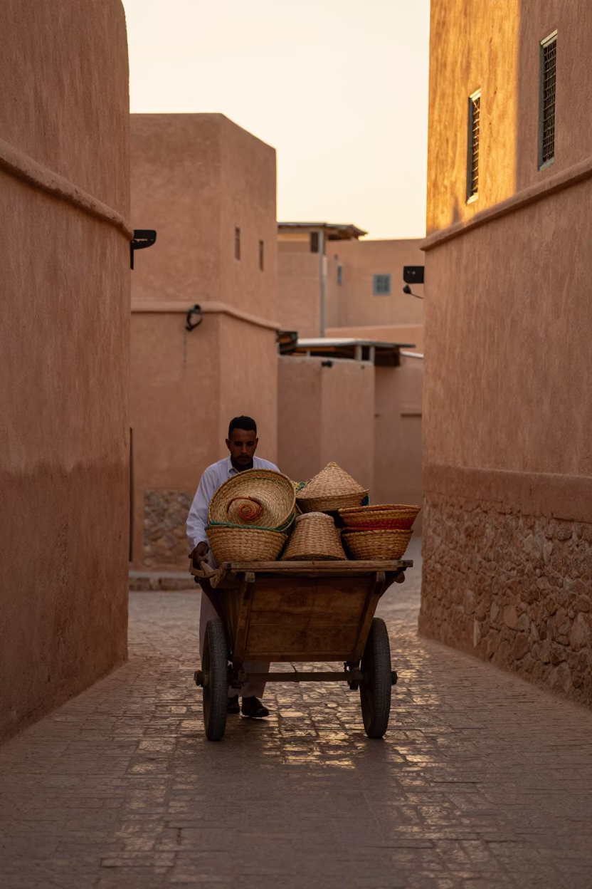 Sunset Street Scene in Fez Morocco with Rolling Carts and Wooden Table Scratches in in Fez, Morocco