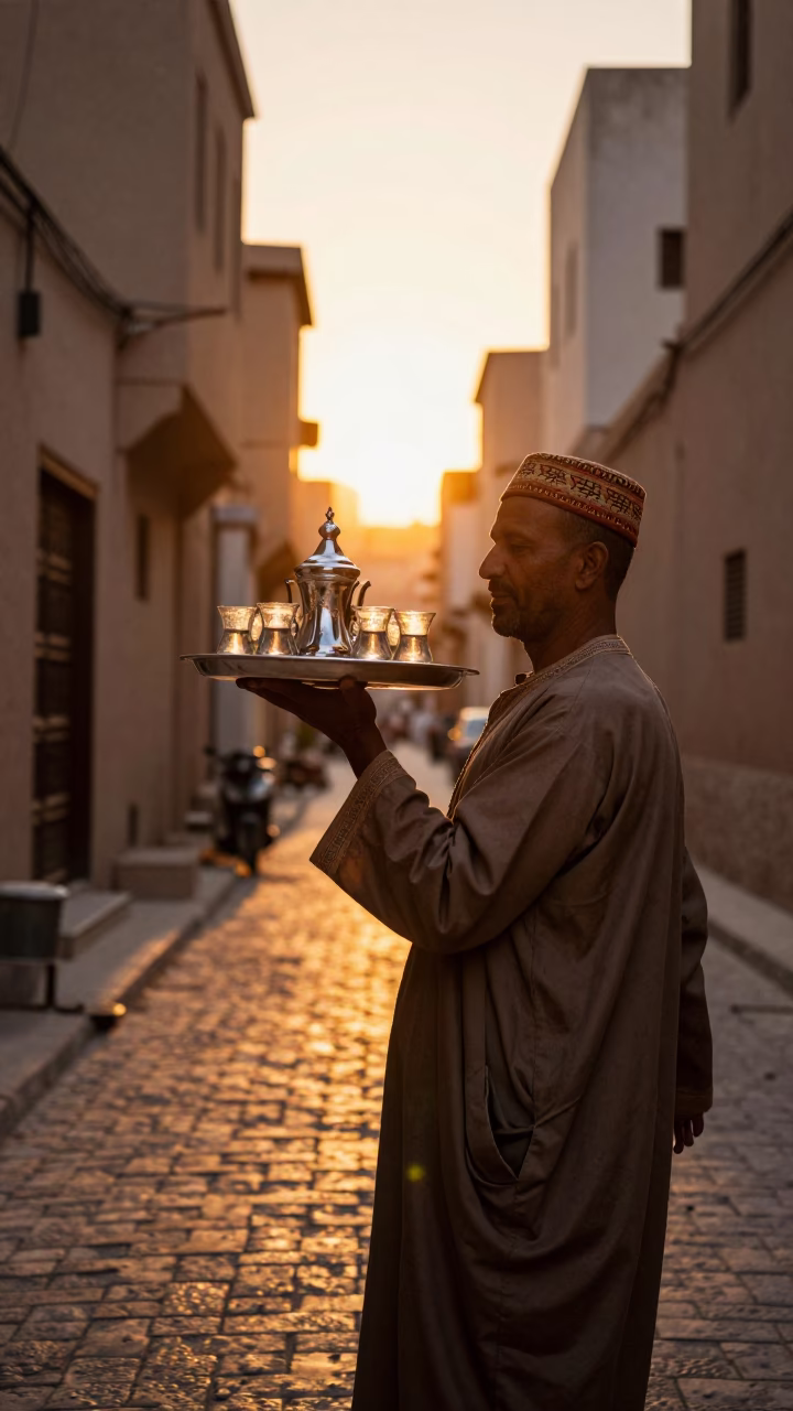 Sunset Street Scene in Fez Morocco with Tea Tray and Rusty Tile Grout in in Fez, Morocco
