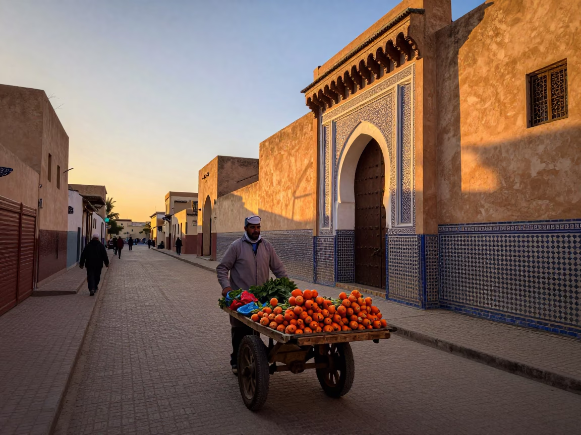 Sunset Street Scene in Fez Morocco with Traditional Architecture and Local Life in in Fez, Morocco