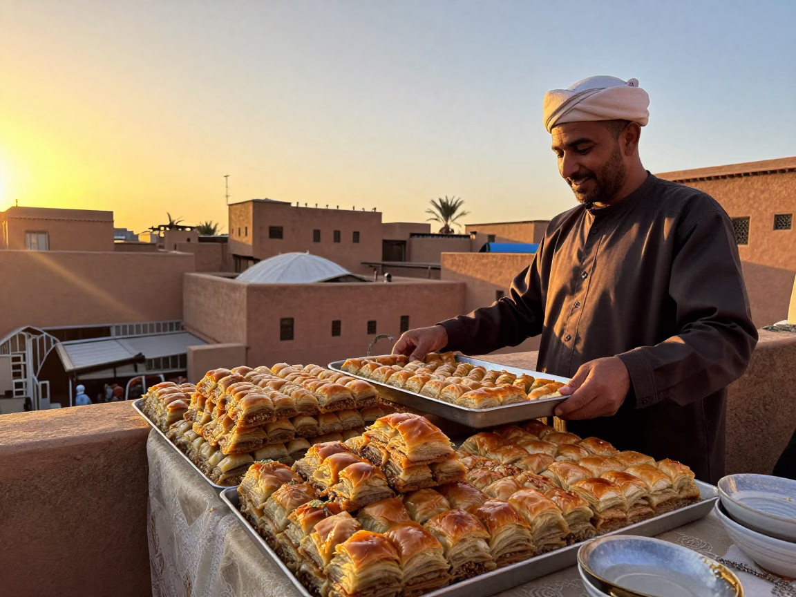 Sunset Street Scene in Fez Morocco with Traditional Baklava Sweets and Local Market Activity in in Fez, Morocco