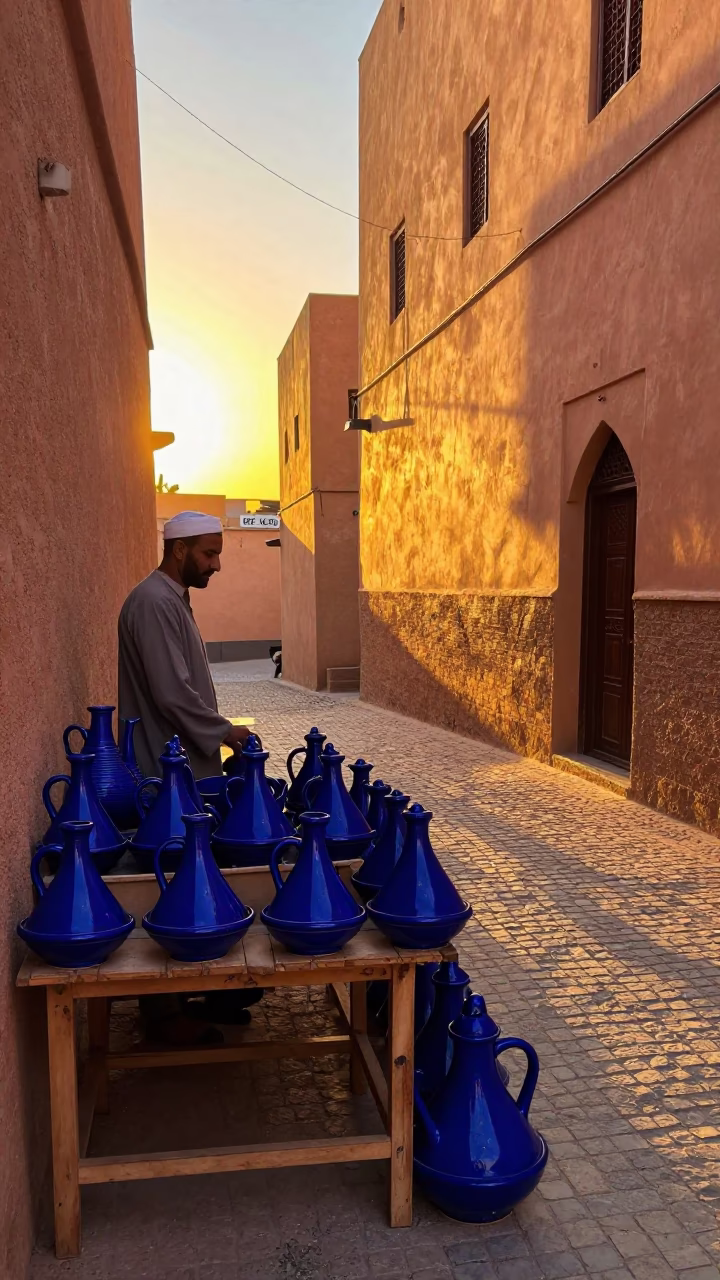 Sunset Street Scene in Fez Morocco with Traditional Ceramic Pitcher and Wicker Basket in in Fez, Morocco