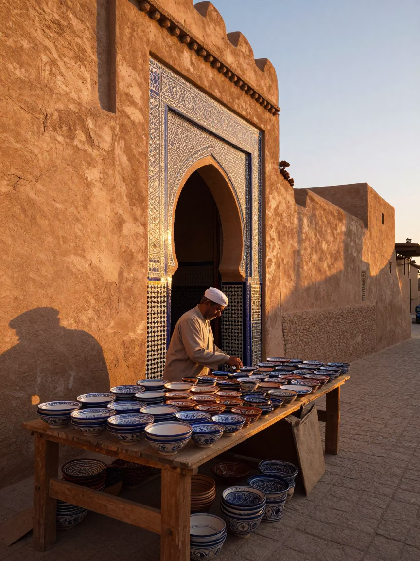 Sunset Street Scene in Fez Morocco with Traditional Pottery and Ceramic Bowls in in Fez, Morocco