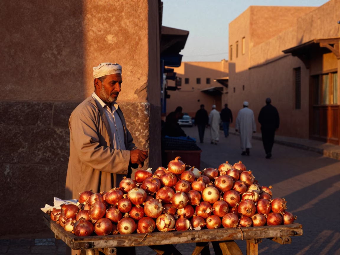 Sunset Street Scene in Fez Morocco with Vendor Onions and Traditional Paper Lanterns in in Fez, Morocco