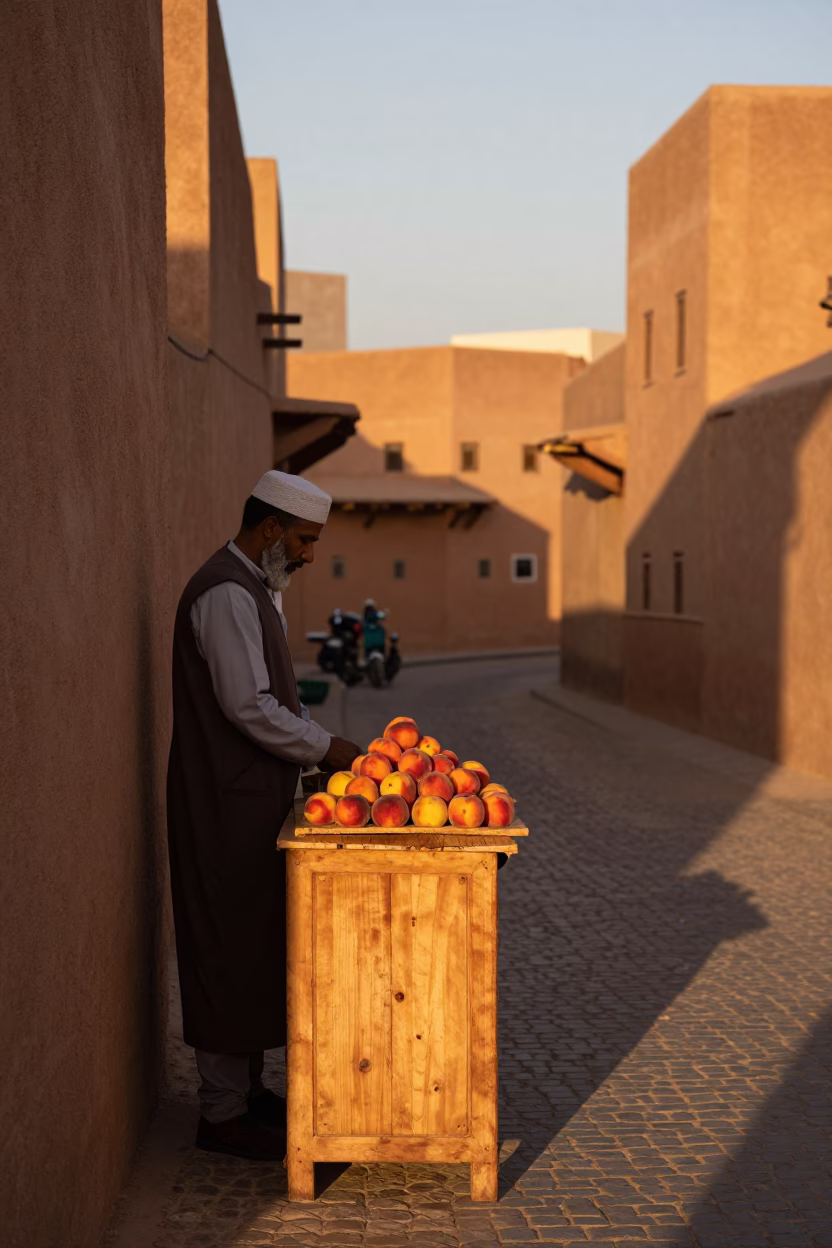 Sunset Street Scene in Fez Morocco with Wooden Bread Board and Fresh Peaches in in Fez, Morocco