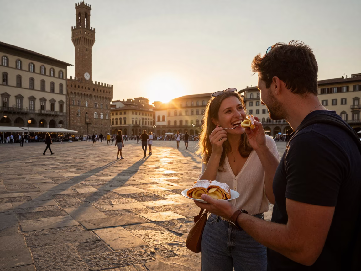 Sunset Street Scene in Florence Italy with Bellows Player and Apple Strudel in in Florence, Italy