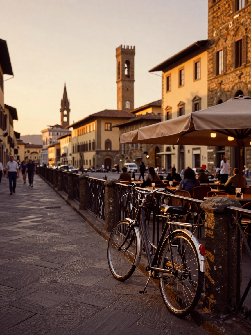 Sunset Street Scene in Florence Italy with Bicycle and Local Cafe Ambiance in in Florence, Italy