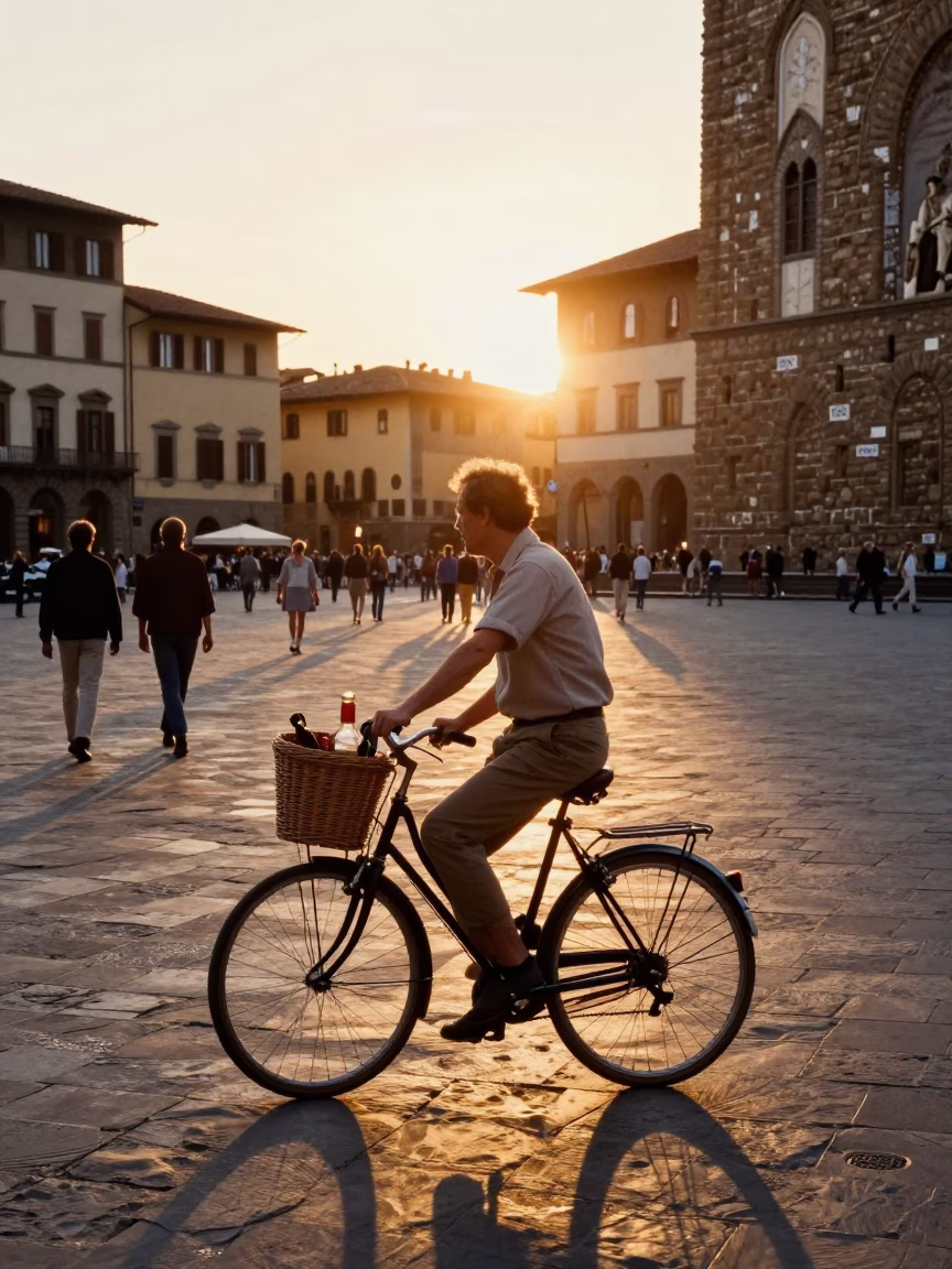 Sunset Street Scene in Florence Italy with Bicycle Basket and Drinking Vessel in in Florence, Italy